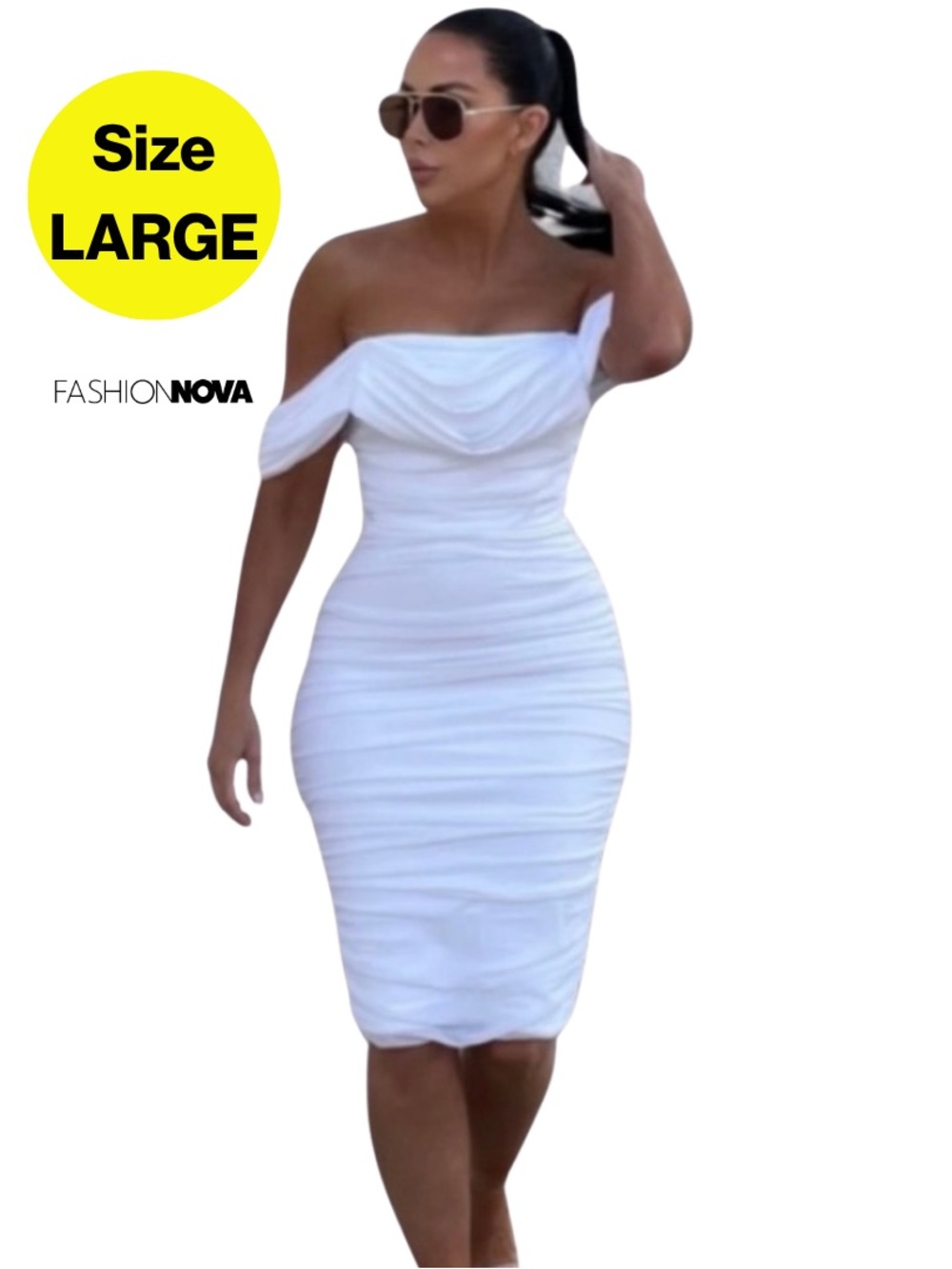FASHION NOVA 🤍 White Ruched Off-Shoulder Bodycon Dress (Women’s size Large)